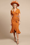 Fourreau Orange Col V Midi Robe Mère De La Mariée