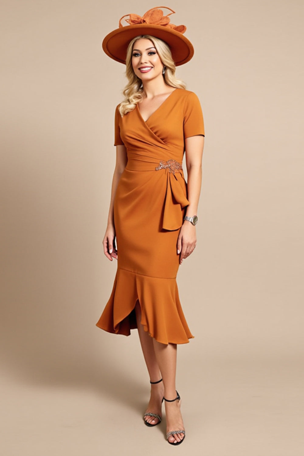 Fourreau Orange Col V Midi Robe Mère De La Mariée