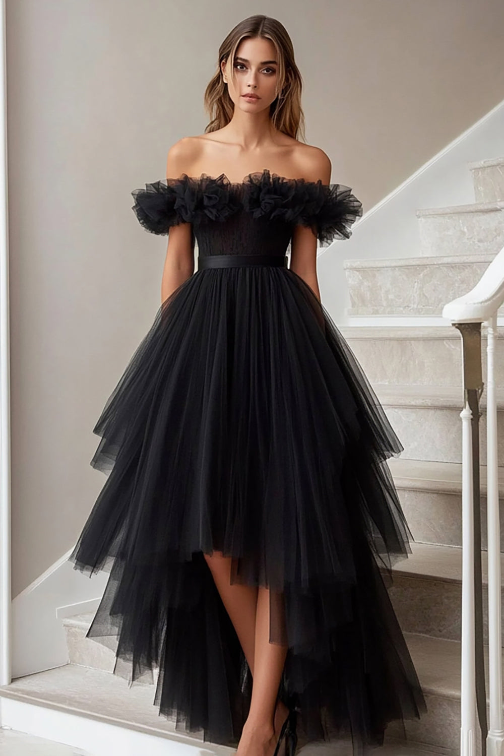 Noir Une ligne d’épaule dénudée Tulle Robe formelle à volants