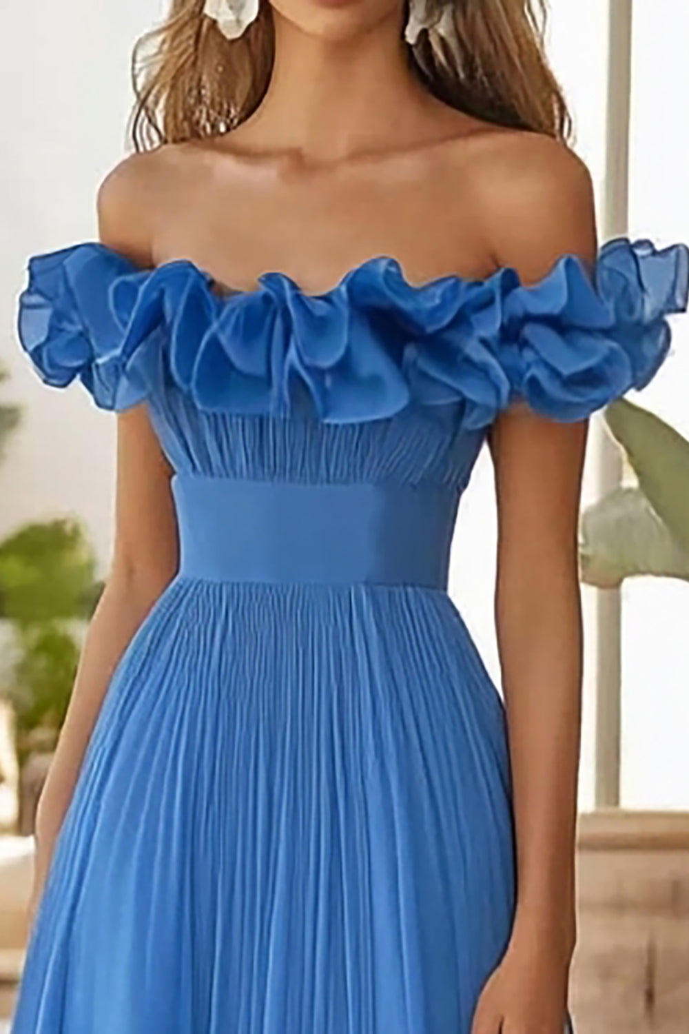 Robe formelle à épaules dénudées bleue une ligne avec fente