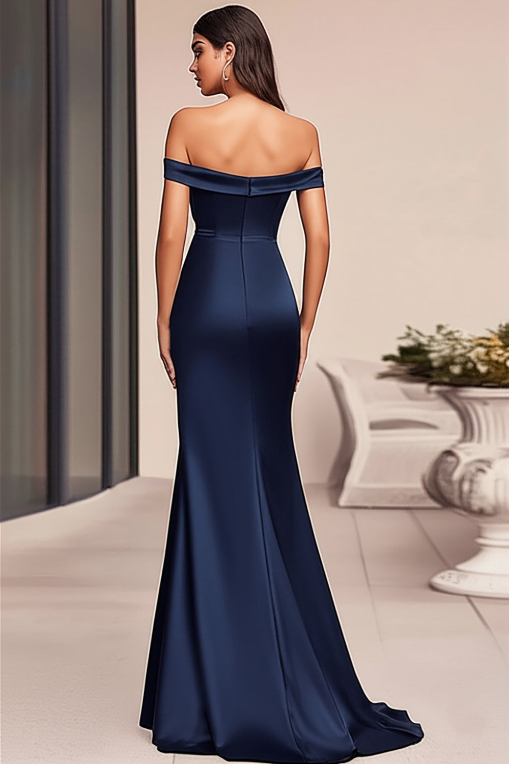 Robe formelle sirène bleu marine à épaules dénudées