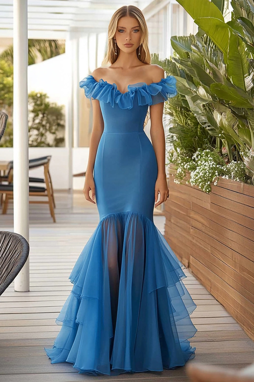 Robe longue formelle bleu sirène à épaules dénudées