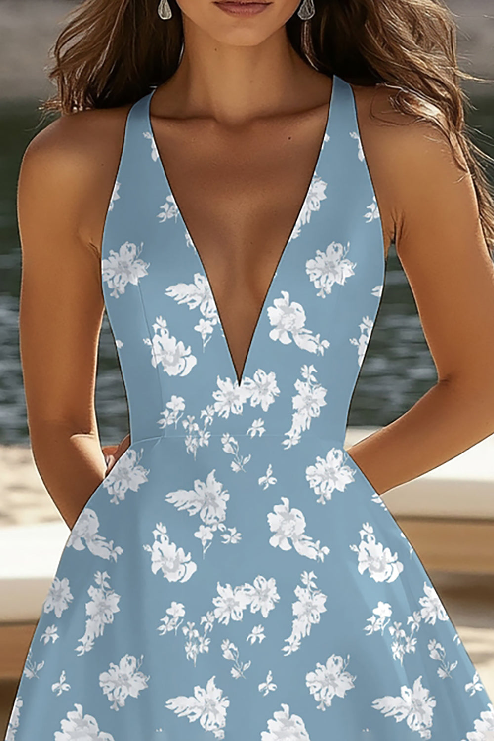 Robe d’été courte à col en V blanche et bleue fleur A Line