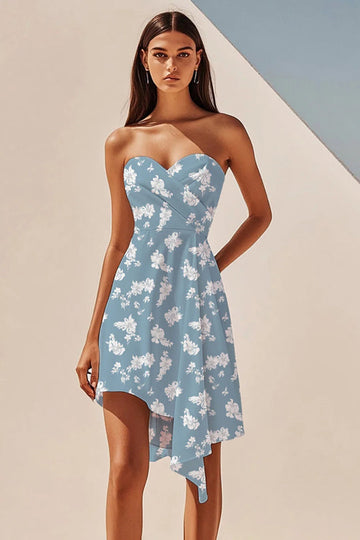 Bleu Blanc Fleur Une Ligne Sweetheart Asymétrique Boho Robe