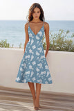 Bleu Fleur Blanche Une Ligne Col V Robe Boho