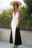 Une ligne noir et blanc Col V Robe longue formelle