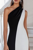 Robe longue formelle noire et blanche à une épaule