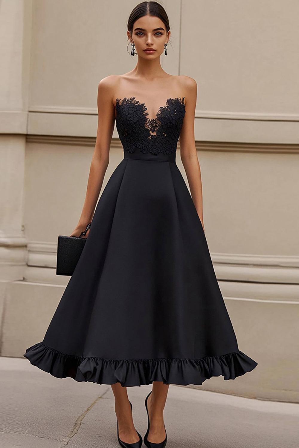 Robe longue formelle noire sans bretelles à volants