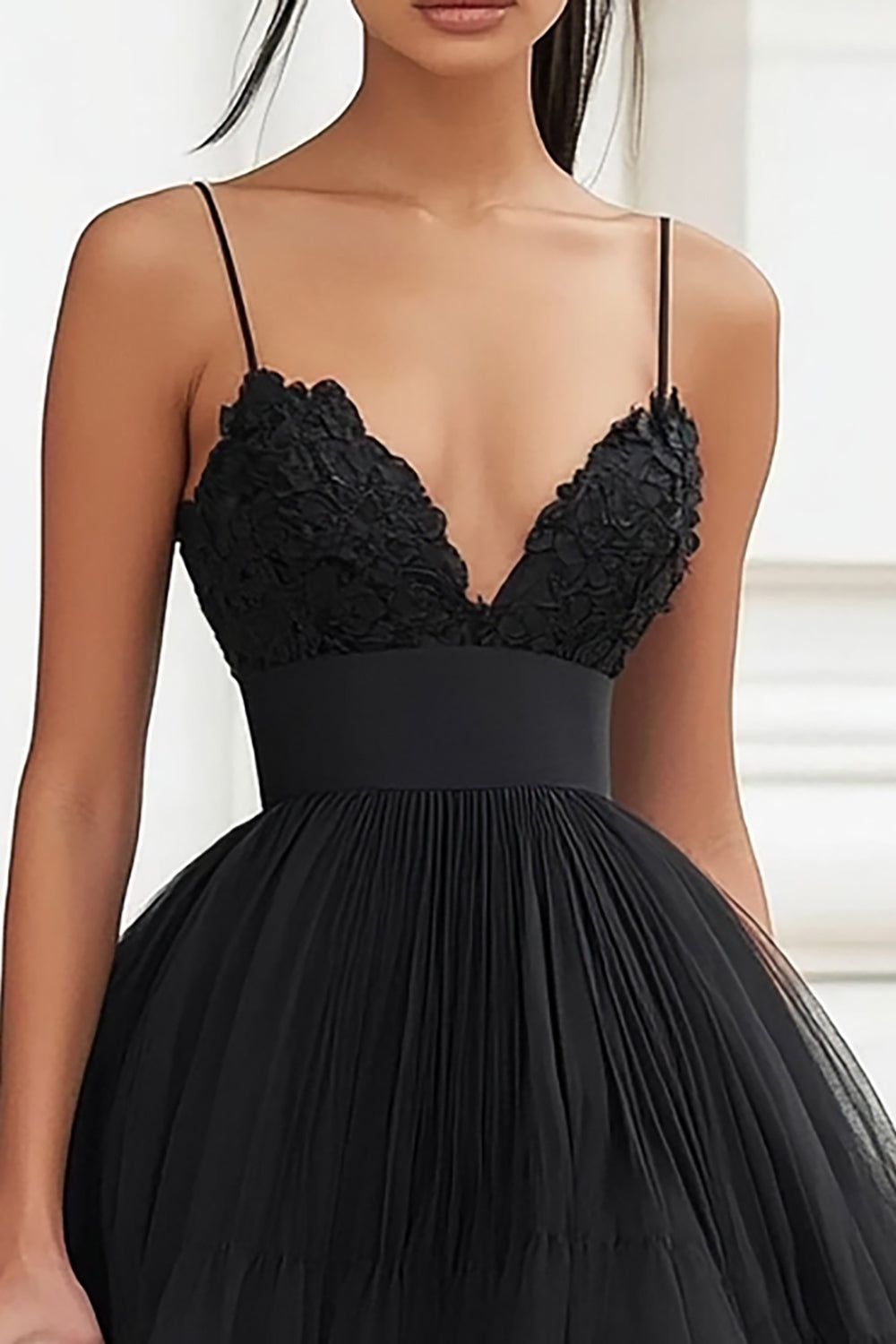 Tulle noir Robe de cocktail courte à bretelles spaghetti