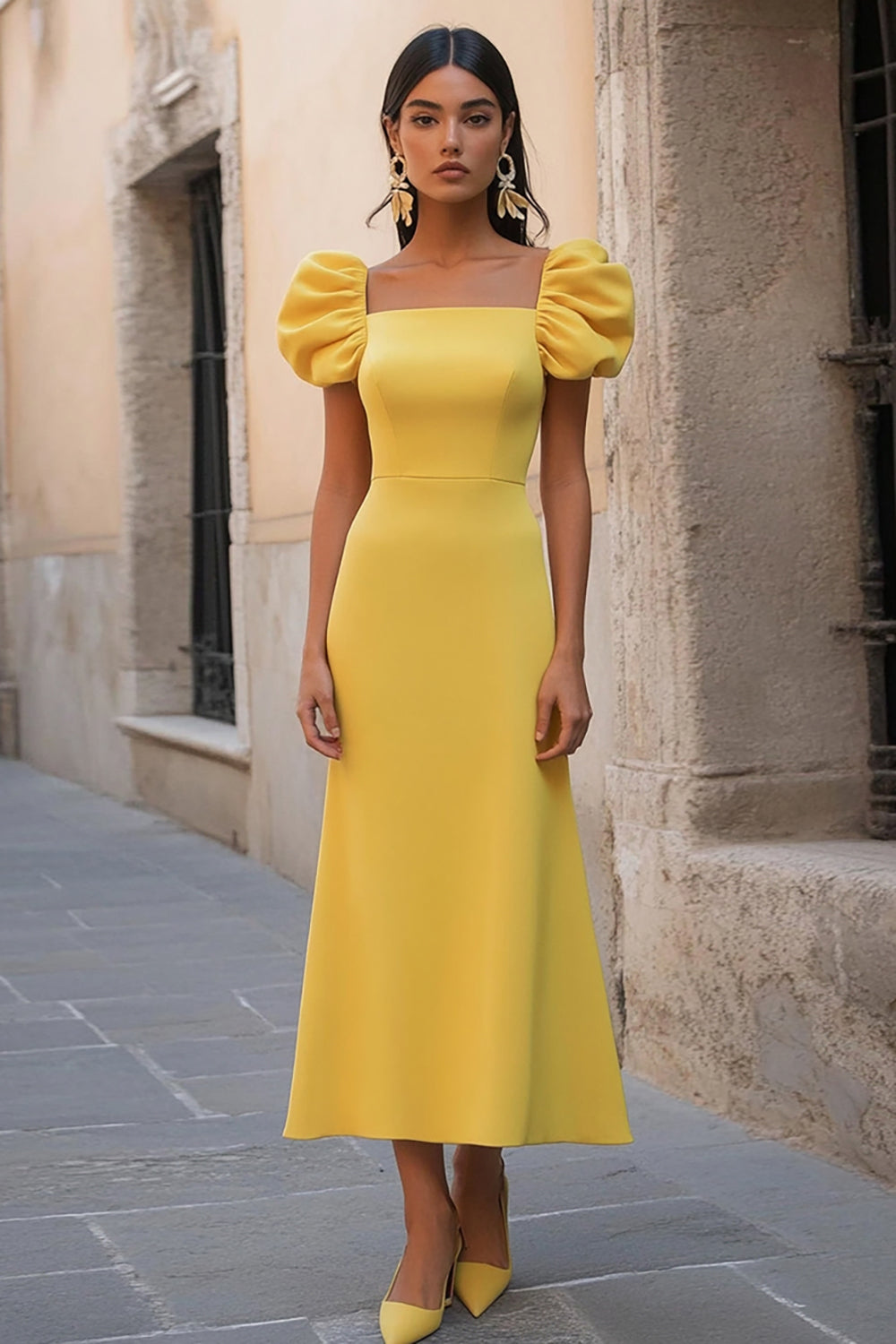Robe longue formelle à col carré à volants en satin jaune