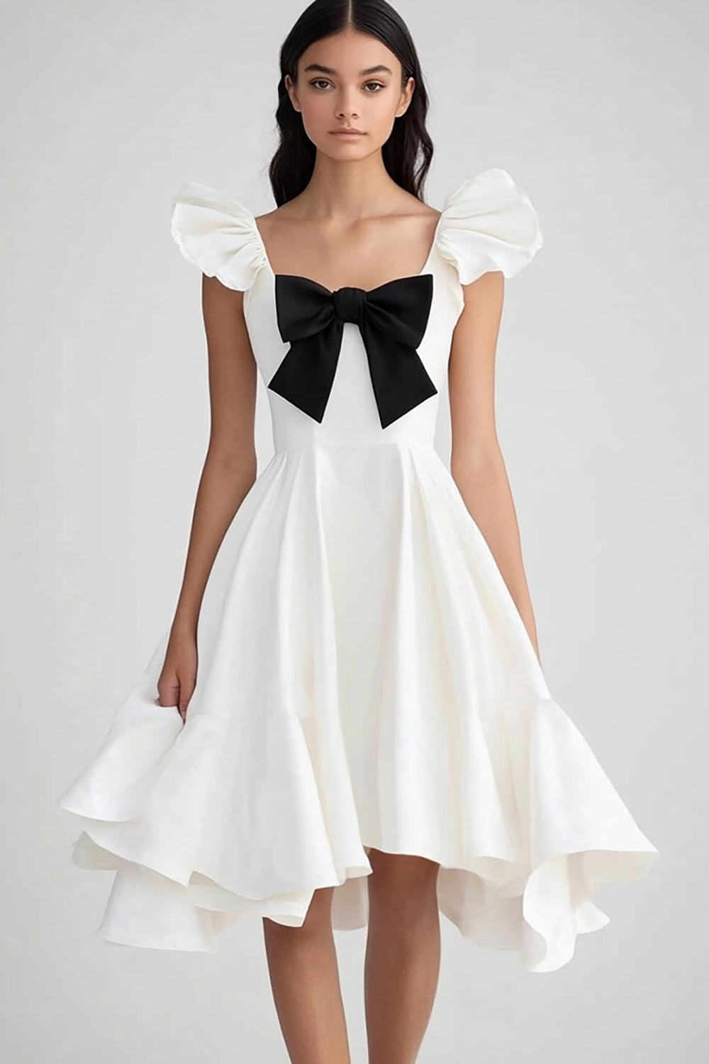 Robe de graduation à volants en satin blanc et noir avec noeud