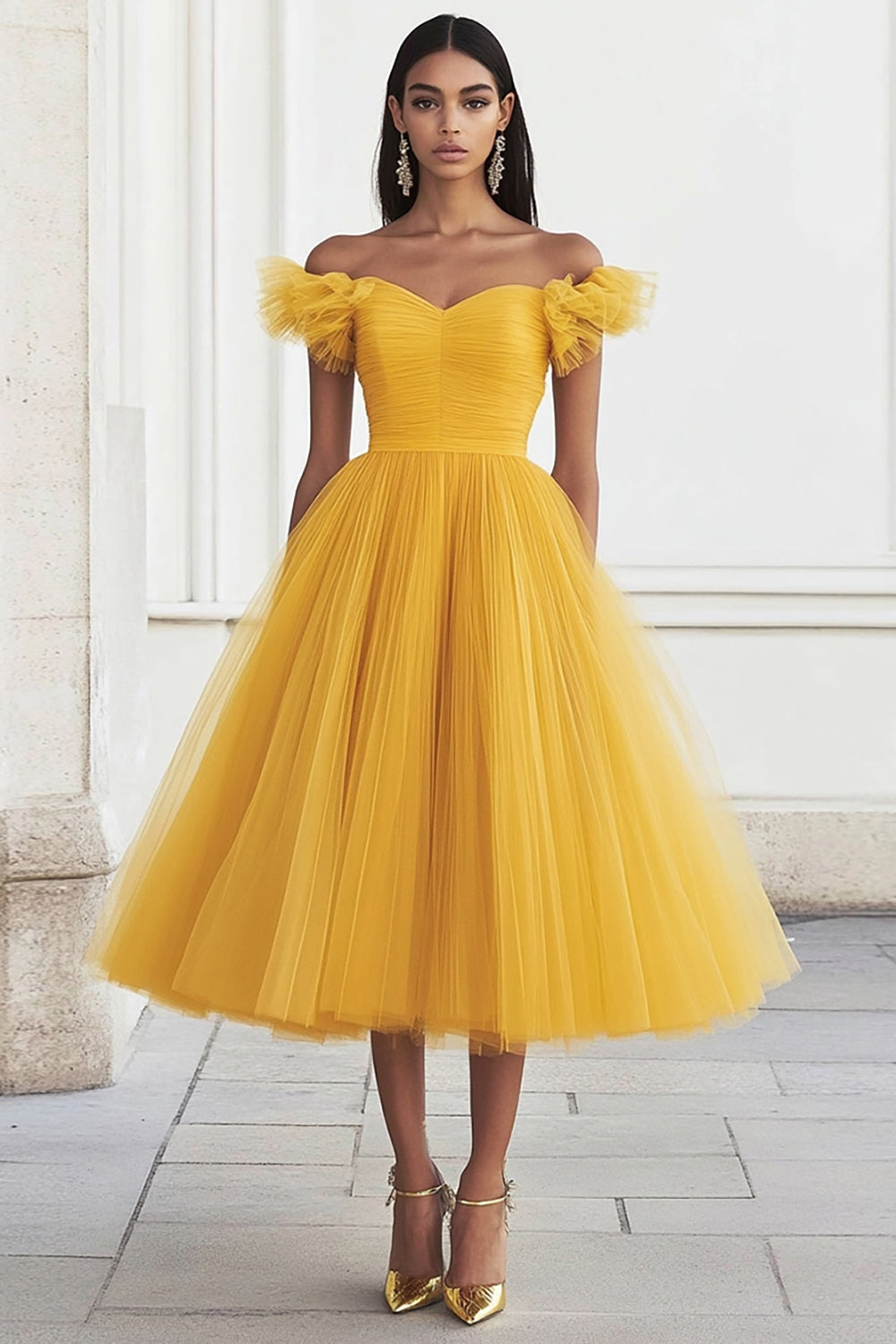 Tulle jaune à volants épaules dénudées robe longue de bal