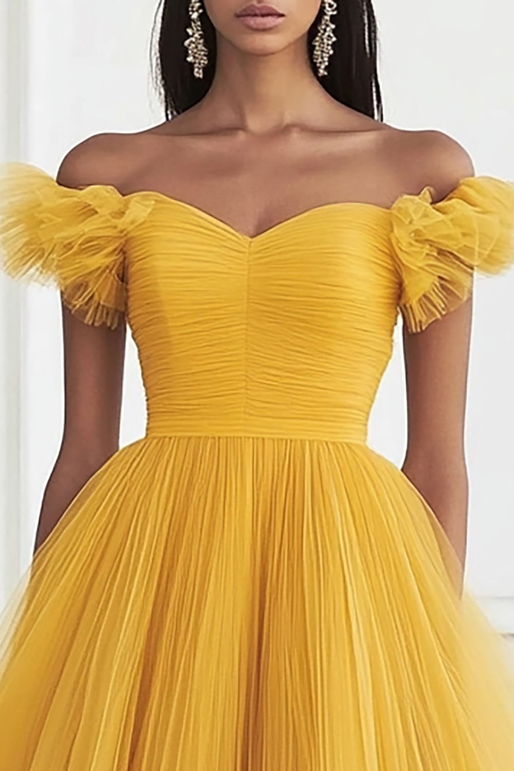 Tulle jaune à volants épaules dénudées robe longue de bal