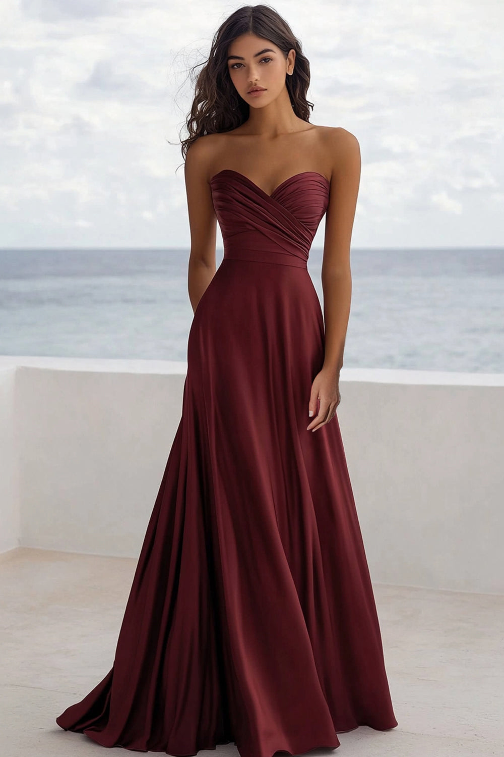 Robe formelle bordeaux froncée sans bretelles