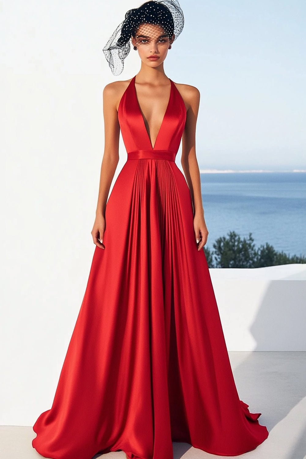 Robe formelle en satin rouge A Line à col en V