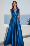 Robe longue formelle en satin bleu royal à col en V