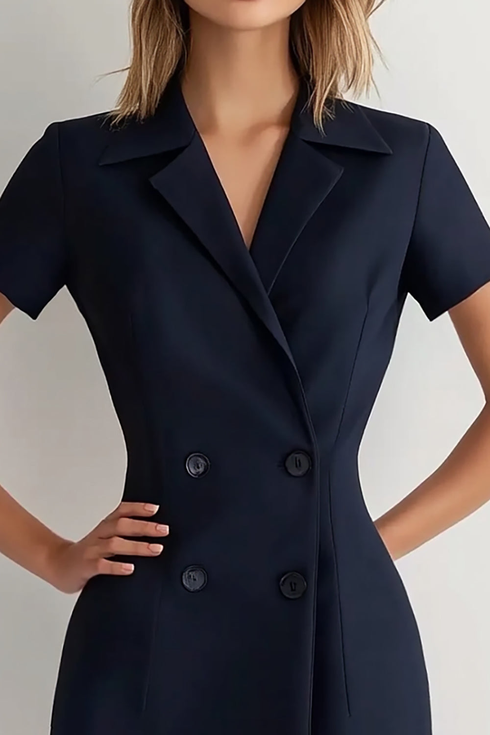Robe courte de travail courte en satin bleu marine à double boutonnage et revers en pointe