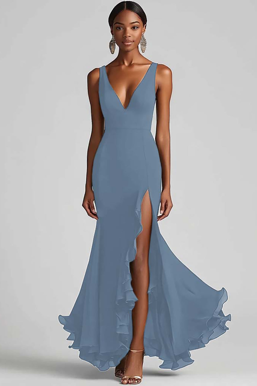 Robe formelle sirène à volants à col en V noir avec fente