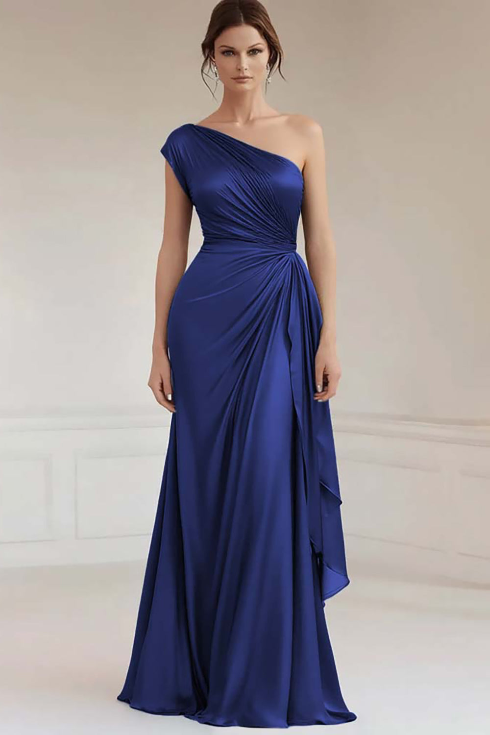 Robe formelle froncée bleue grise à une épaule