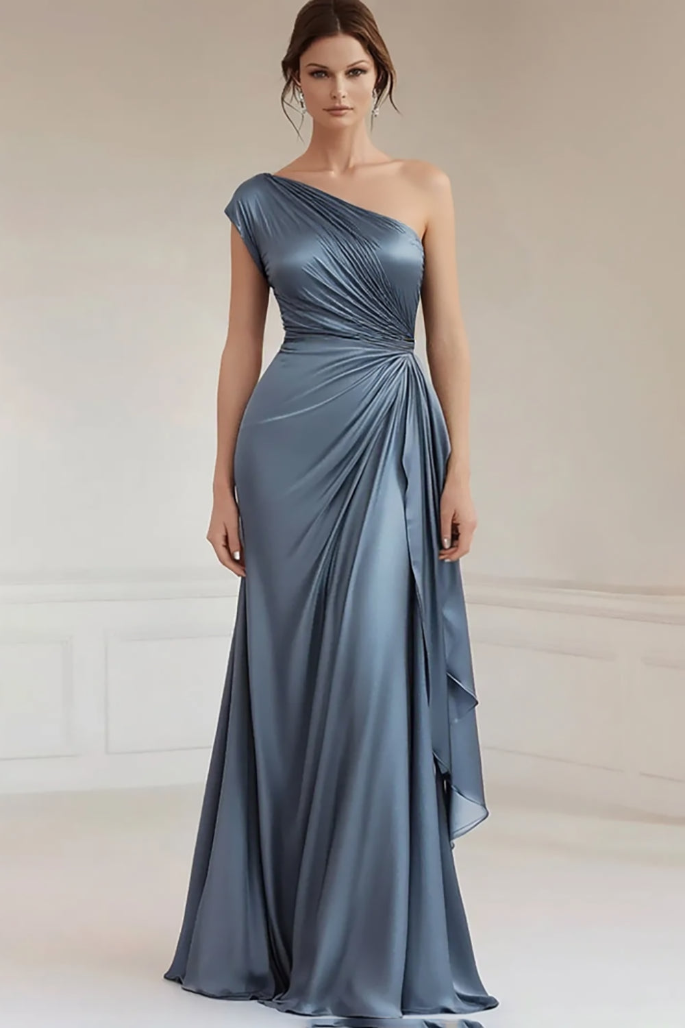 Robe formelle froncée bleue grise à une épaule