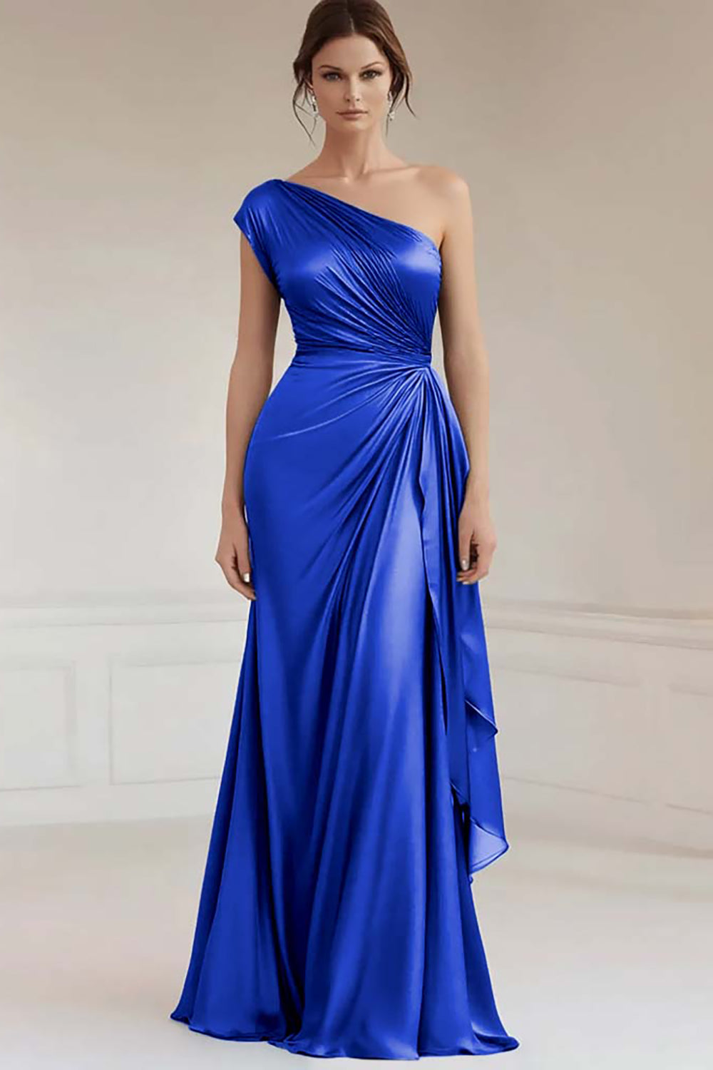 Robe formelle froncée bleue grise à une épaule