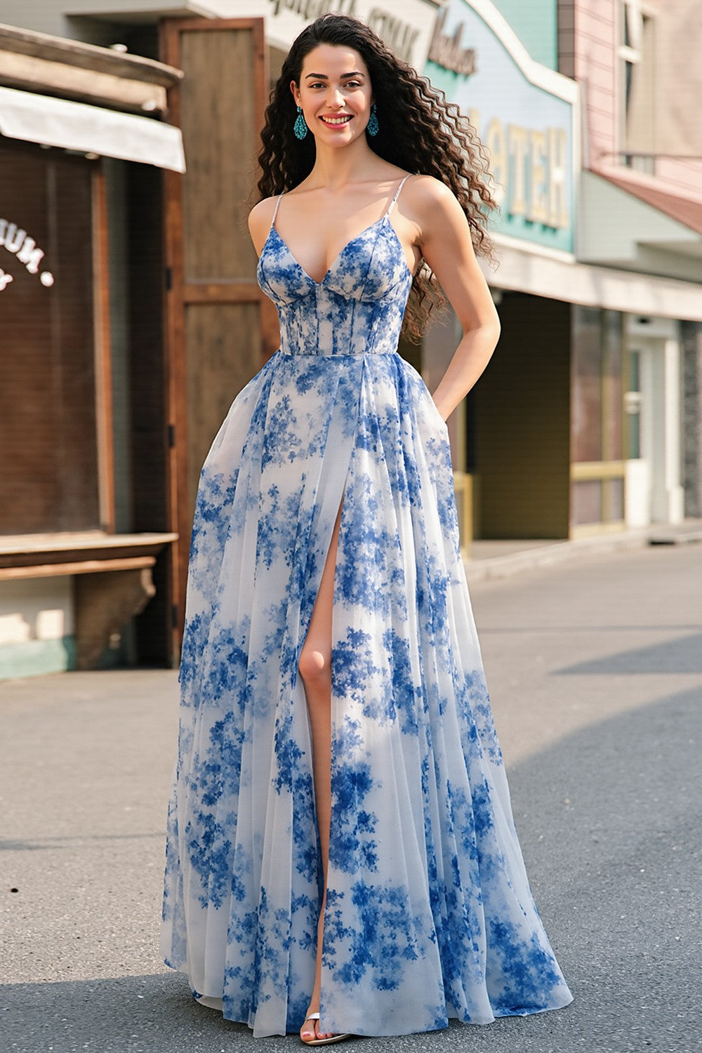 Corset de fleurs bleu blanc Une Robe De Soirée ligne avec fente