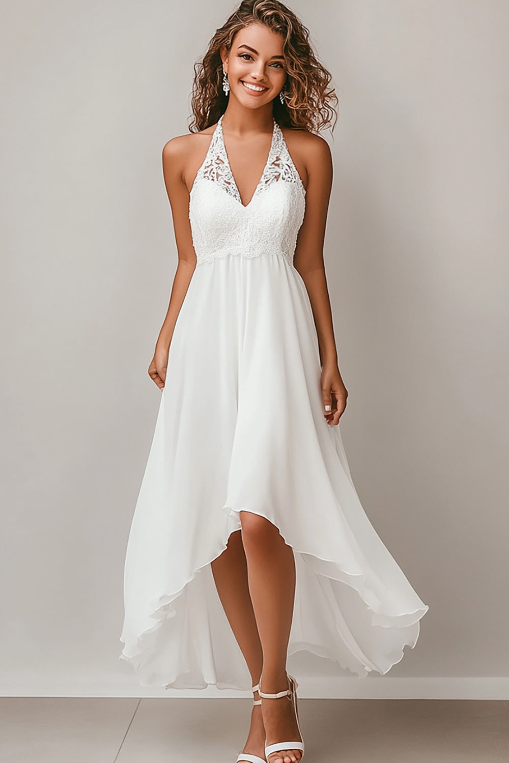 Halter A Line Robe en mousseline de soie blanche High-Low