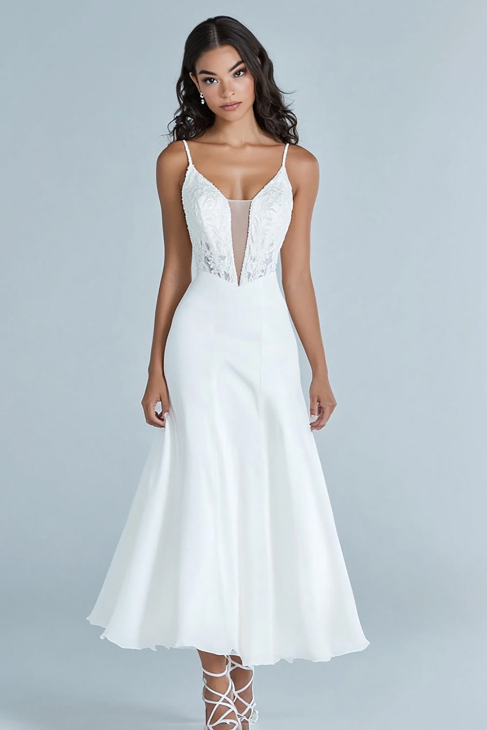 Blanc A Line Spaghetti Strattes Dentelle Robe de mariée longue