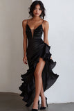 Robe de cocktail à volants à bretelles spaghetti noires
