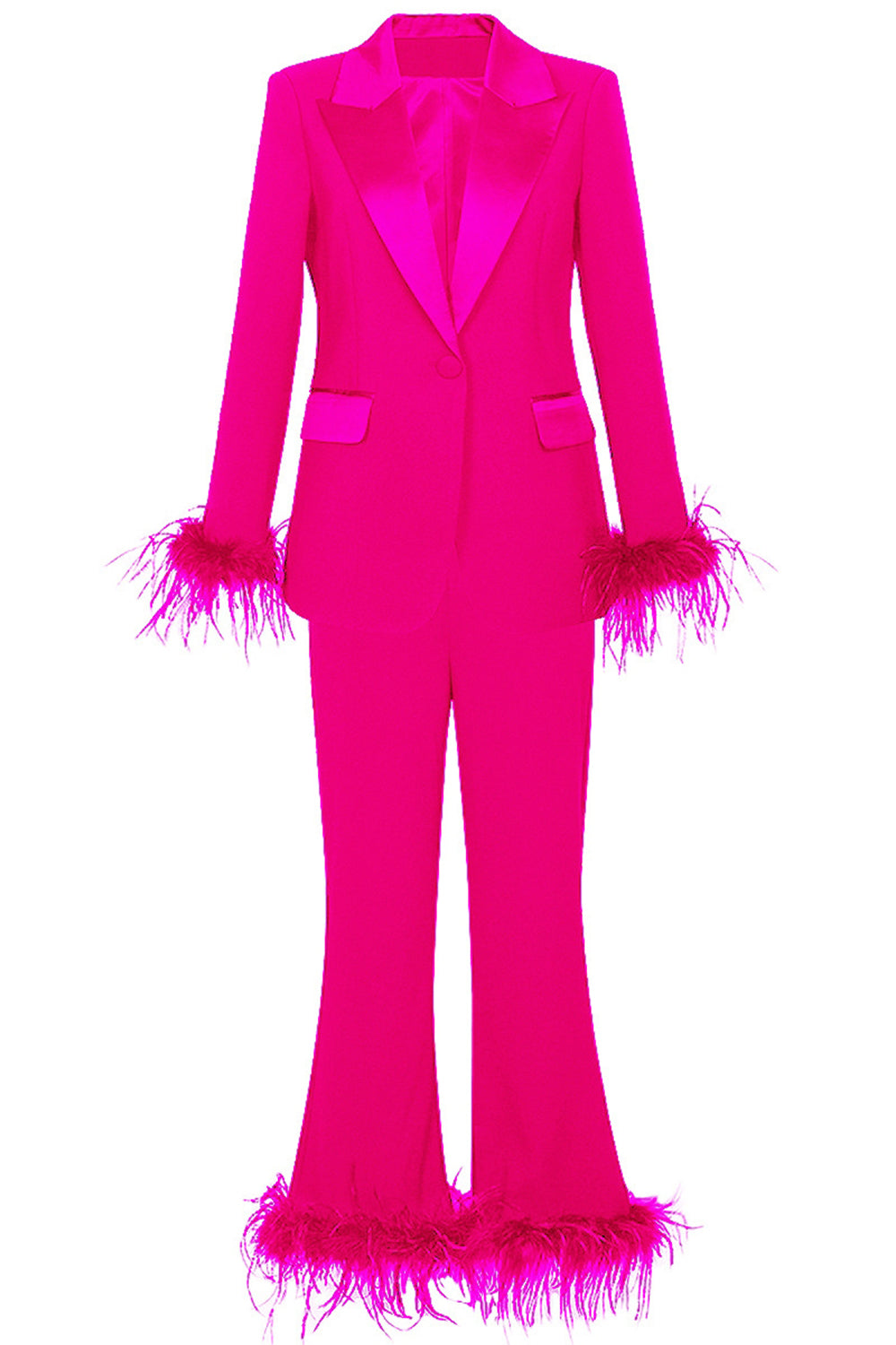 Fuchsia 2 Pièce Peak Lapel Femmes Costumes de Bal avec Plume