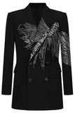 Noir Scintillant Pointe Revers Double Boutonnage Femmes Bal Blazer avec Perles
