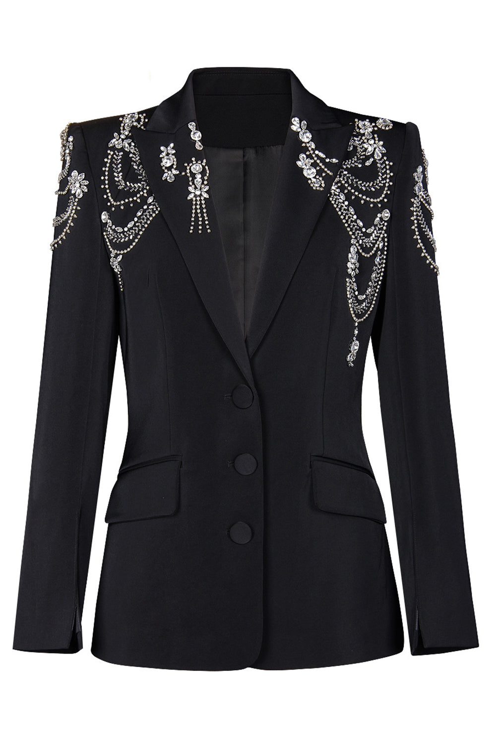 Sparkly noir pic revers simple boutonnage femmes bal blazer avec strass
