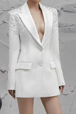 White Peak Lapel Single Breasted Femmes Bal Blazer avec Paillettes