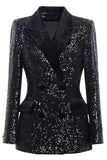 Sparkly noir pailleté pointe revers double boutonnage femmes bal blazer