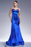 Robe de bal en satin sirène bleu royal avec banderole