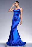 Robe de bal en satin sirène bleu royal avec banderole
