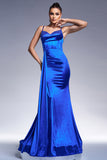Robe de bal en satin sirène bleu royal avec banderole