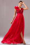 Robe de bal trapèze rouge à col en V avec fleur 3D