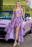 Violet Floral Une ligne découpée High-Low Robe de bal