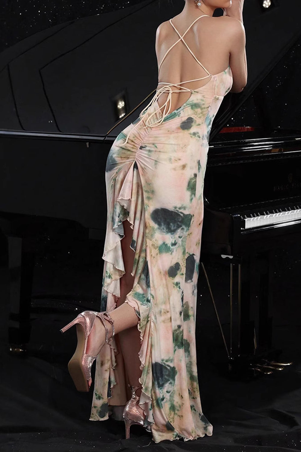 Robe de soirée sirène à bretelles spaghetti imprimées roses