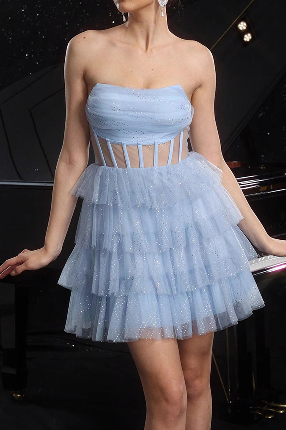 Corset bustier bleu pailleté à plusieurs niveaux Robe de cocktail trapèze