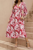 Robe d’été à manches longues à col en V floral rouge