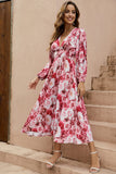 Robe d’été à manches longues à col en V floral rouge