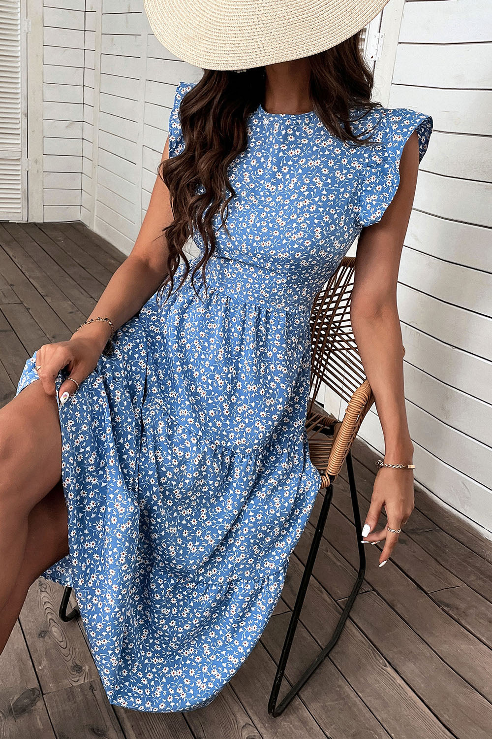 Robe d’été à col rond imprimée florale bleue