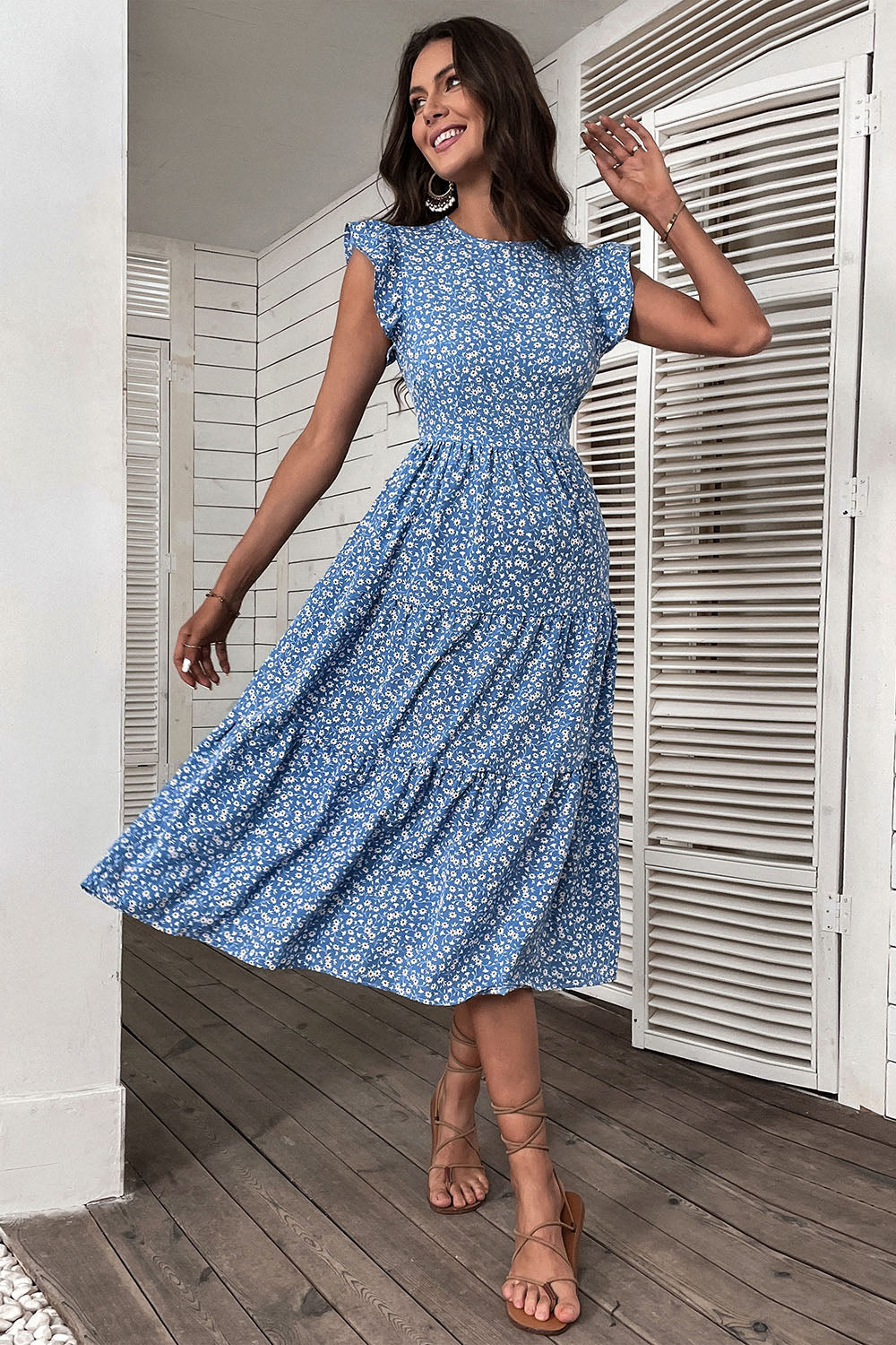 Robe d’été à col rond imprimée florale bleue