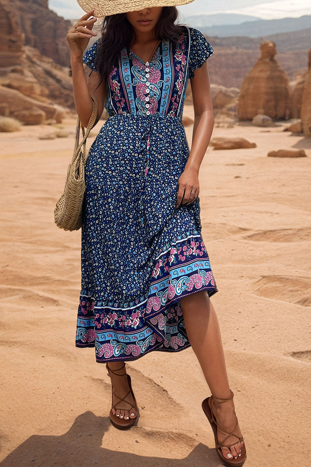 Robe d’été trapèze à col en V imprimé vert clair