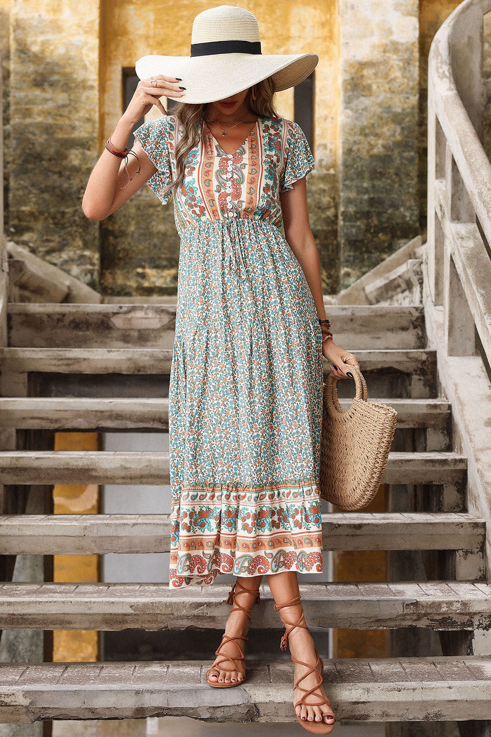 Robe d’été trapèze à col en V imprimé vert clair