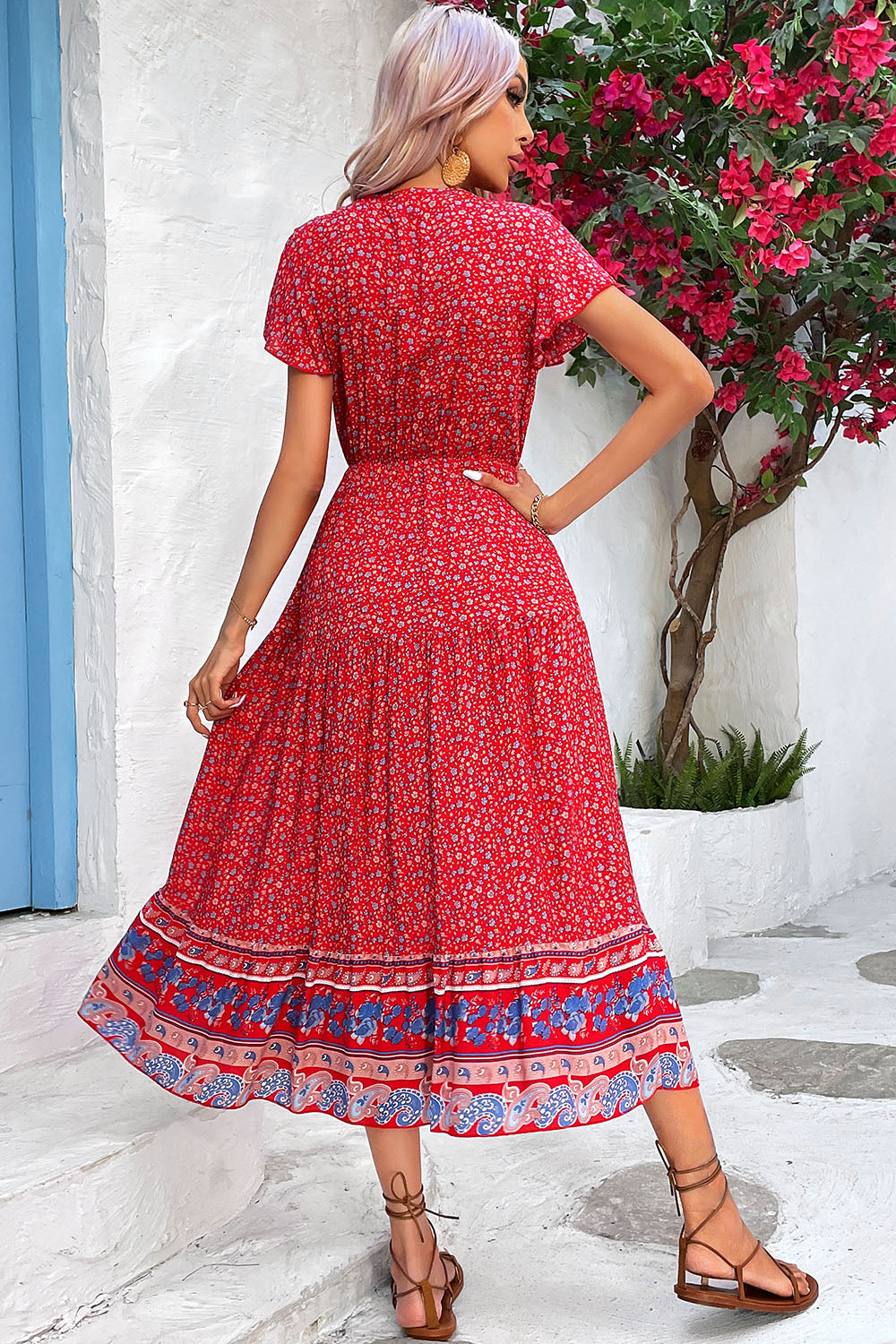 Robe d’été trapèze à col en V imprimé vert clair