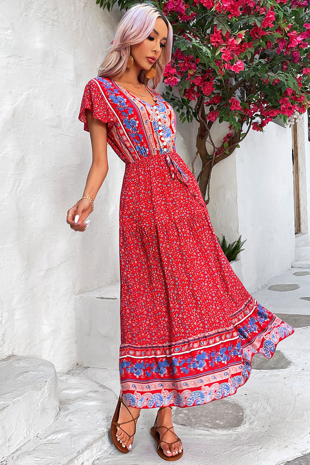 Robe d’été trapèze à col en V imprimé vert clair