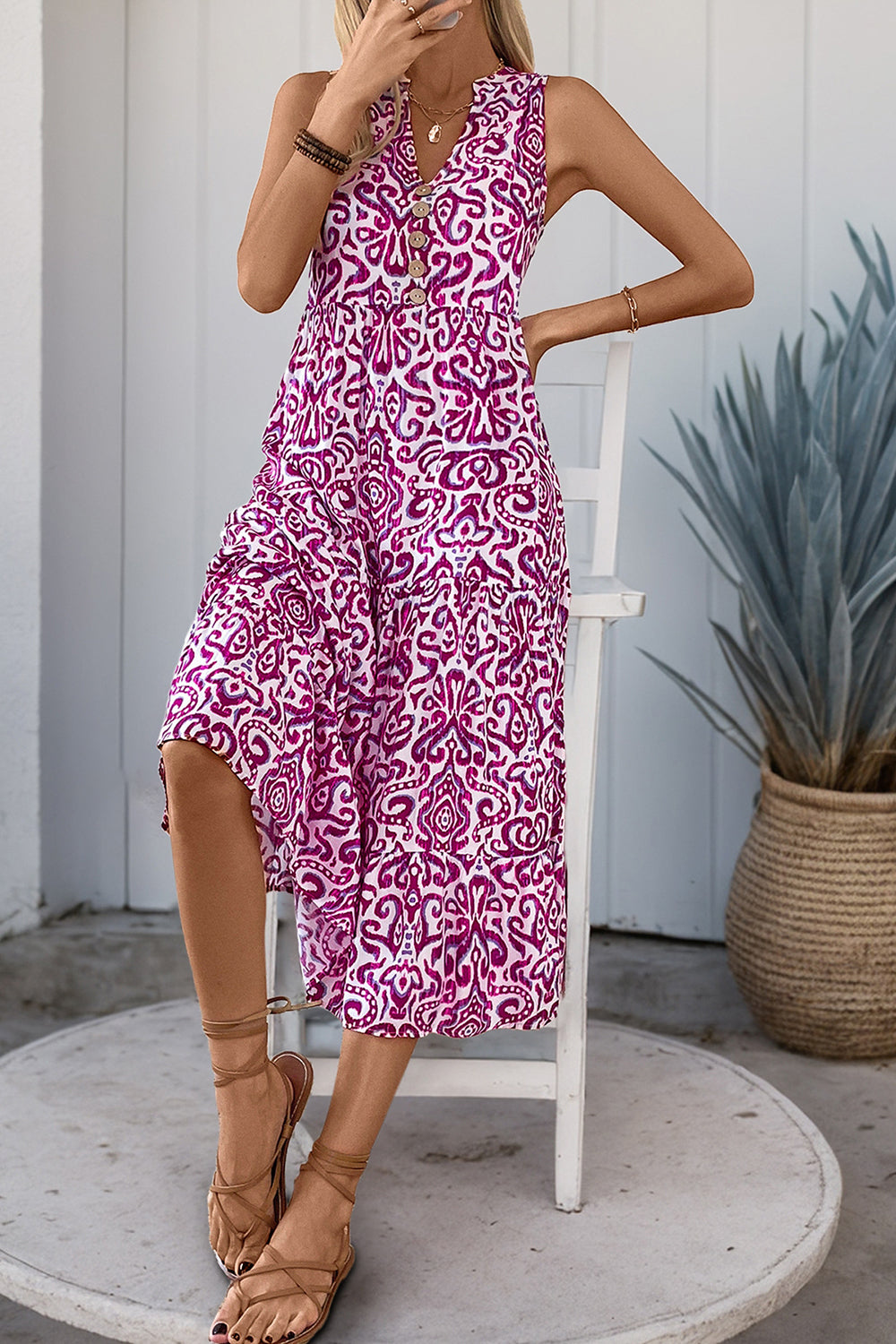 Robe d’été ligne à col en V orange imprimée